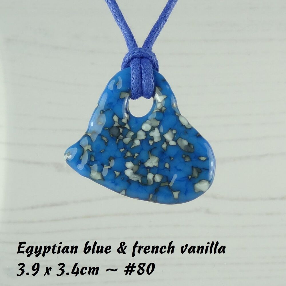 Handcrafted fused glass off-set heart shaped pendant on a waxed cotton cord with lobster clasp - blue (#80)