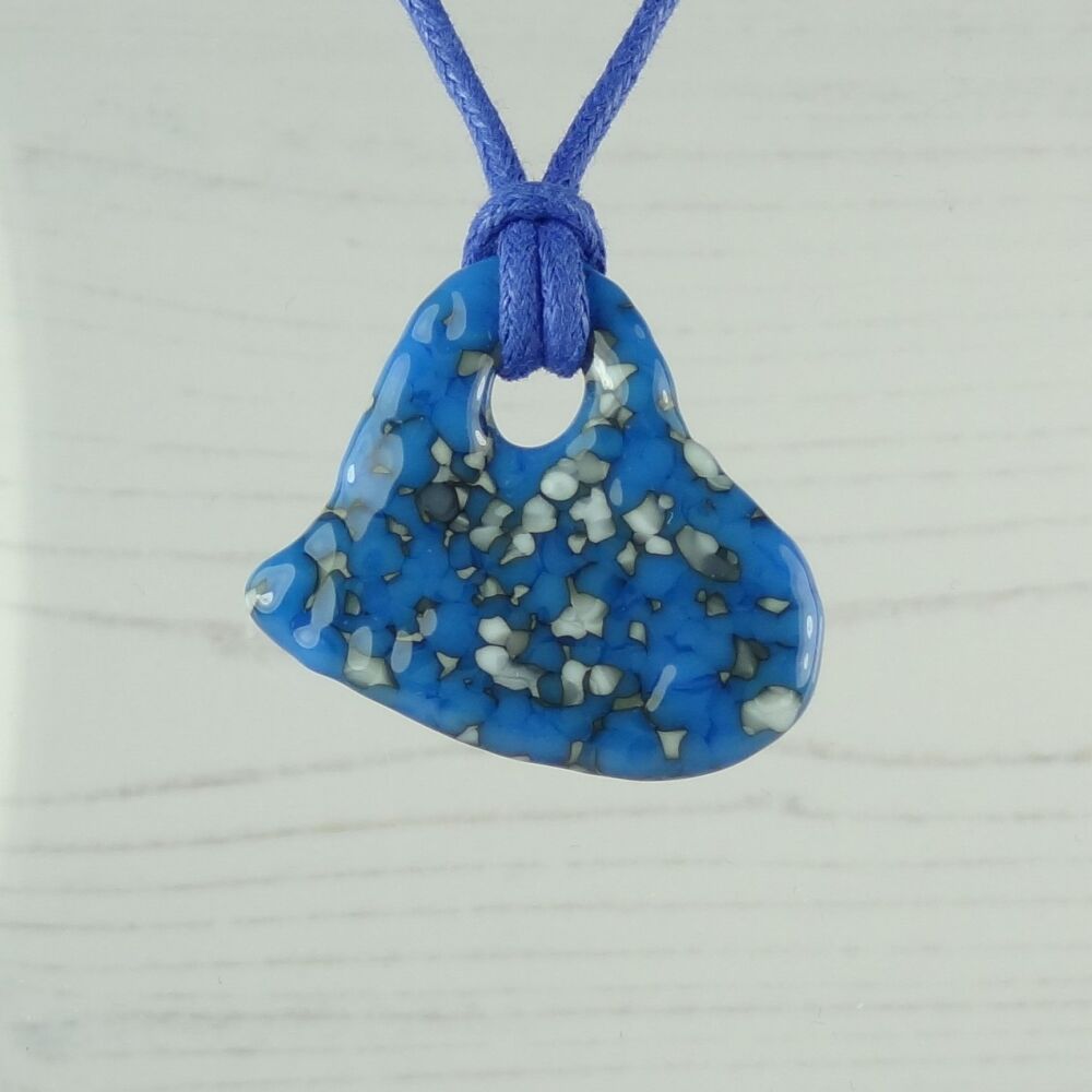 Handcrafted fused glass off-set heart shaped pendant on a waxed cotton cord with lobster clasp - blue (#80)