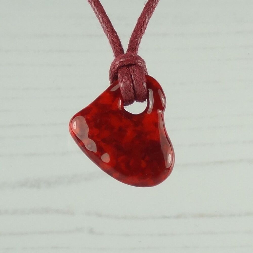 Handcrafted fused glass red off-set heart shaped pendant on a waxed cotton cord with lobster clasp (#89)