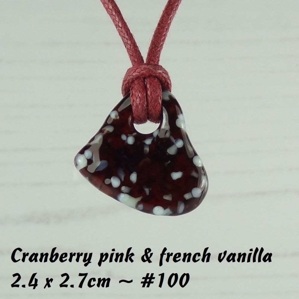 Handcrafted fused glass cranberry & vanilla off-set heart shaped pendant on a waxed cotton cord with lobster clasp (#100)