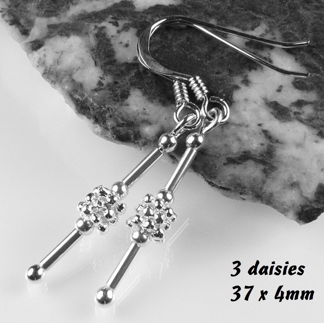 Sterling silver drop earrings, on either fish or kidney wires, in a gift box - tubes & 3 daisies