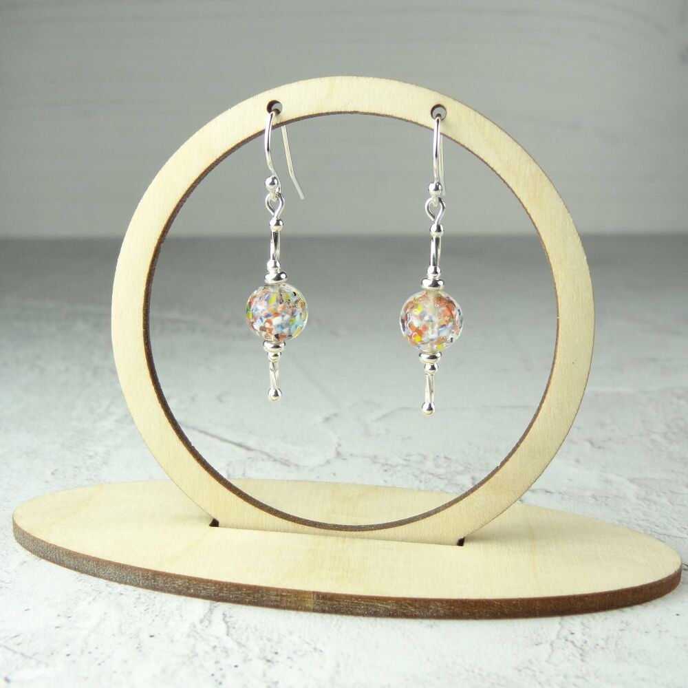 Sterling silver 8mm speckled Venetian glass & sterling silver drop earrings with a twist, nicely presented in a gift box