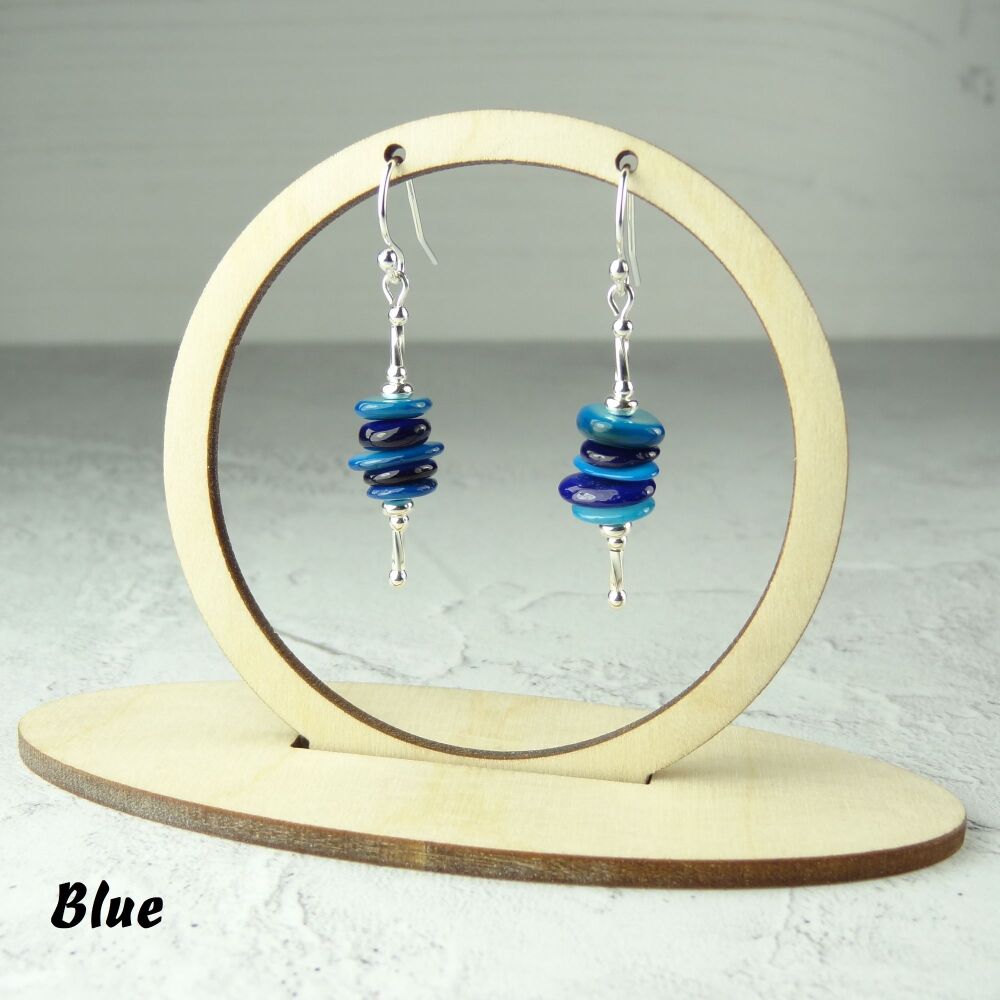 Blue 9mm (+/-) shell discs & sterling silver drop earrings with twists, in a gift box