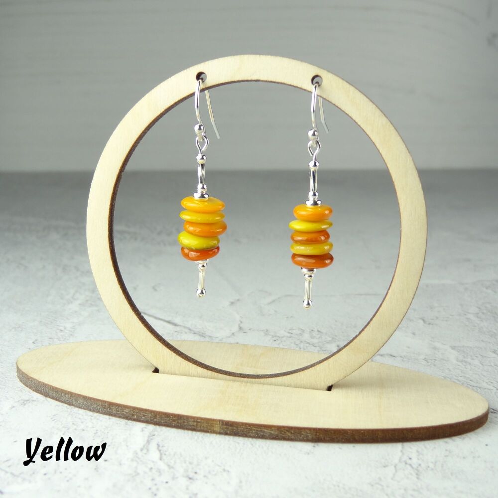 Yellow/orange 9mm (+/-) shell discs & sterling silver drop earrings with twists, in a gift box