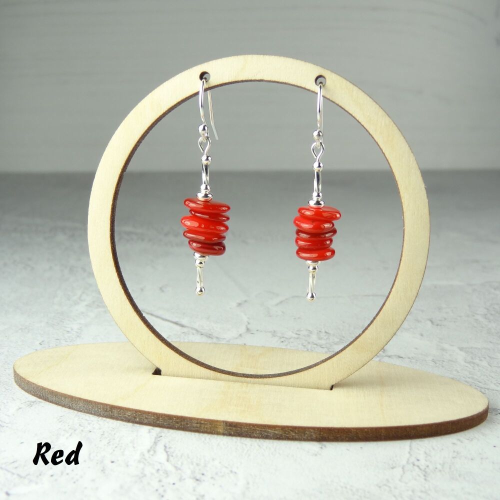 Red 9mm (+/-) shell discs & sterling silver drop earrings with twists, in a gift box