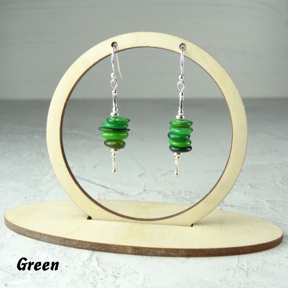 Green 8mm (+/-) shell discs & sterling silver drop earrings with twists, in a gift box