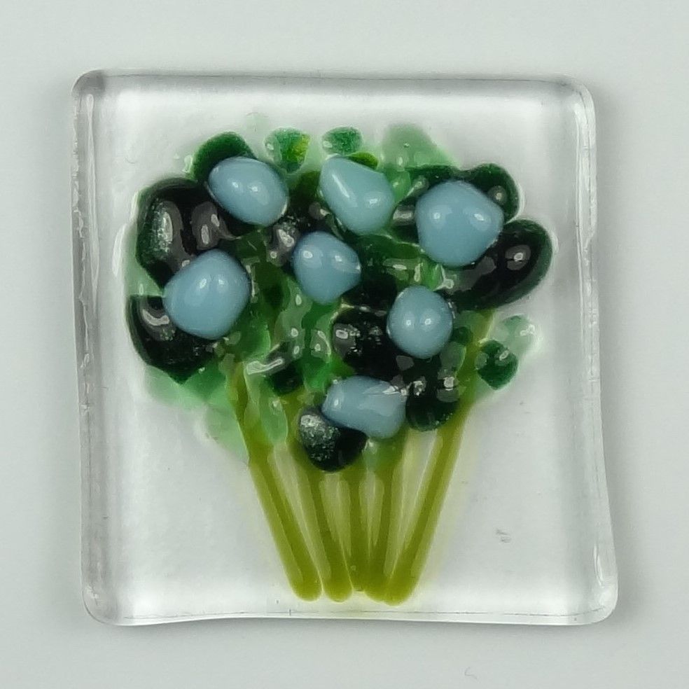 Handmade fused glass art greeting card, any occasion ~ blue flowers, floral, bouquet ~ 4x4 inch card, 1.5 inch (+/-) glass (#622)