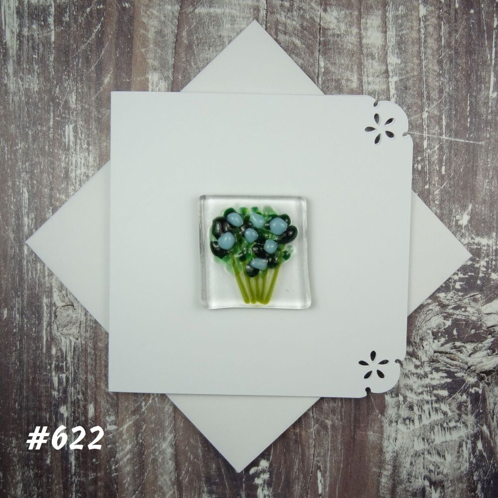 Handmade fused glass art greeting card, any occasion ~ blue flowers, floral, bouquet ~ 4x4 inch card, 1.5 inch (+/-) glass (#622)