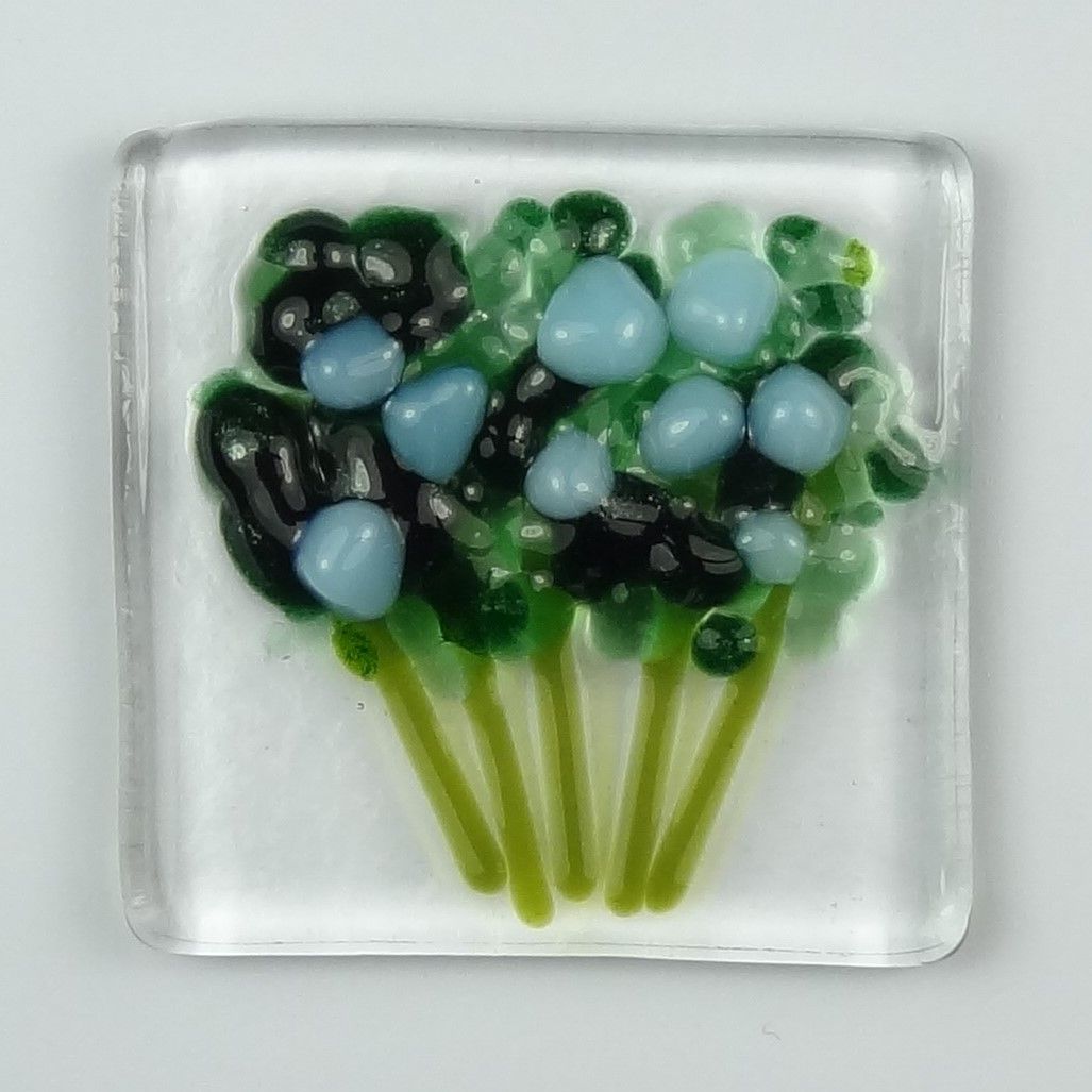 Handmade fused glass art greeting card, any occasion ~ blue flowers, floral, bouquet ~ 4x4 inch card, 1.5 inch (+/-) glass (#618)