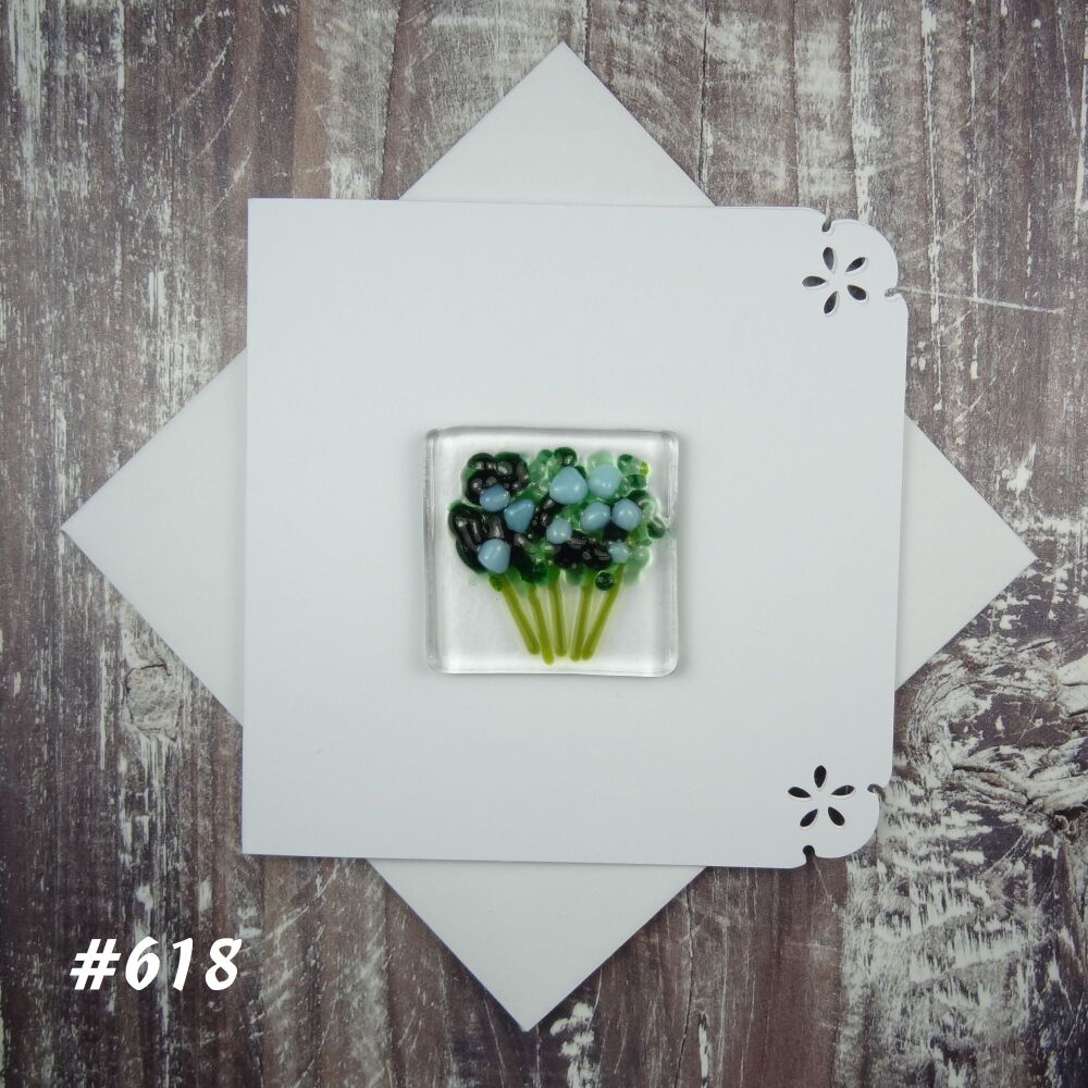 Handmade fused glass art greeting card, any occasion ~ blue flowers, floral, bouquet ~ 4x4 inch card, 1.5 inch (+/-) glass (#618)