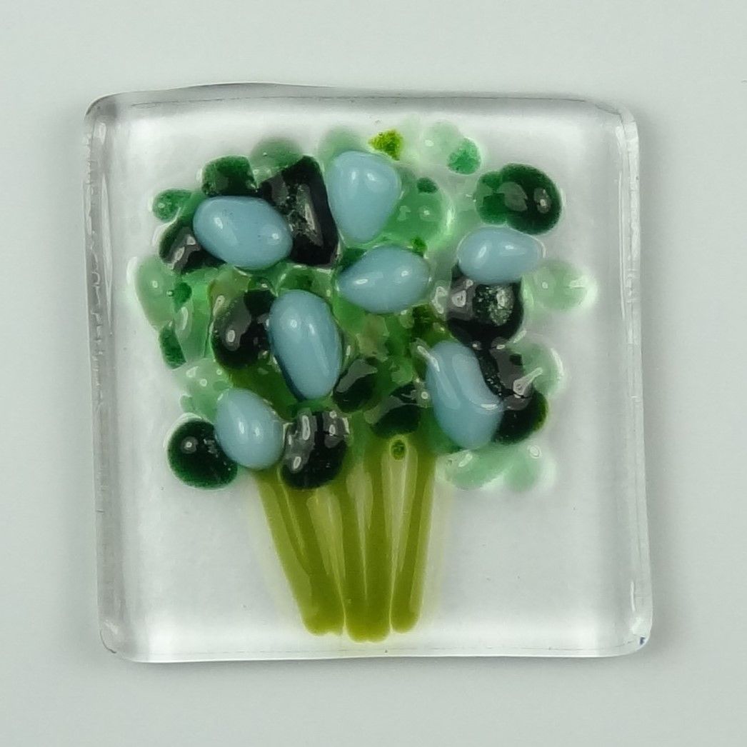 Handmade fused glass art greeting card, any occasion ~ blue flowers, floral, bouquet ~ 4x4 inch card, 1.5 inch (+/-) glass (#628)
