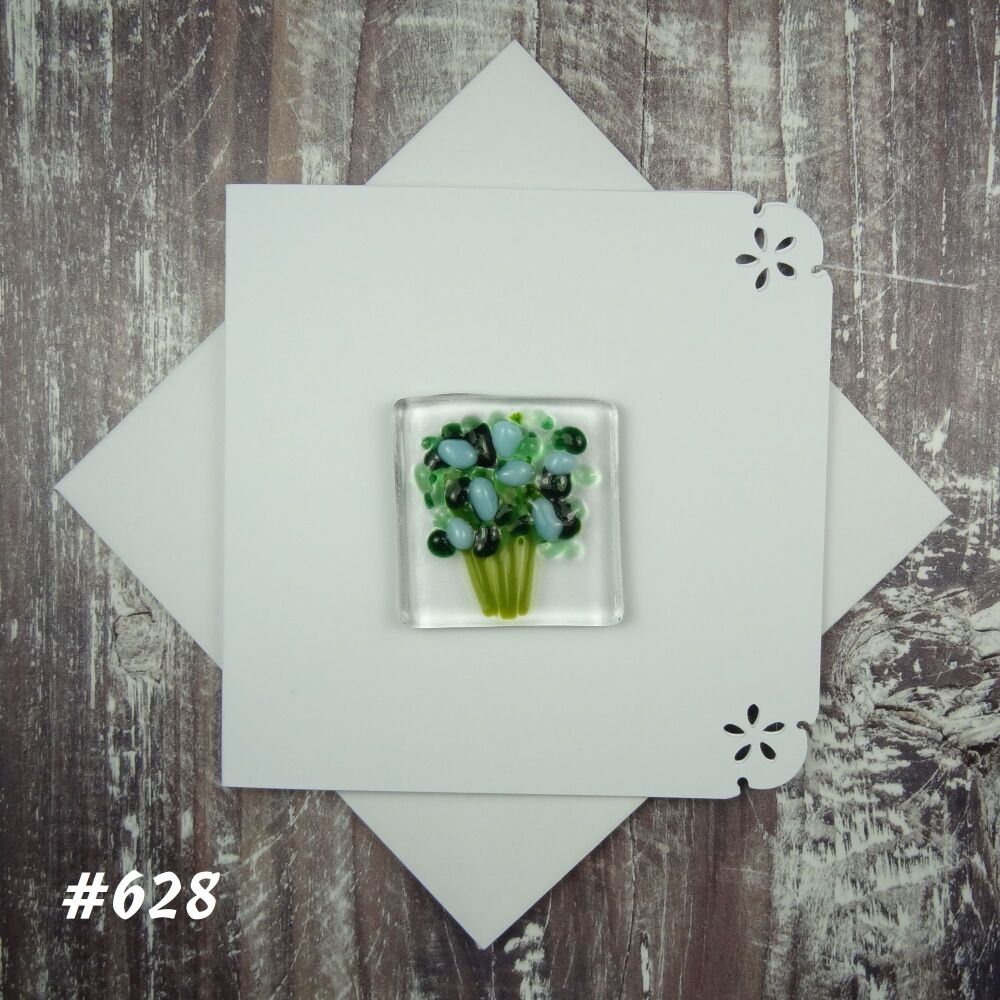 Handmade fused glass art greeting card, any occasion ~ blue flowers, floral, bouquet ~ 4x4 inch card, 1.5 inch (+/-) glass (#628)