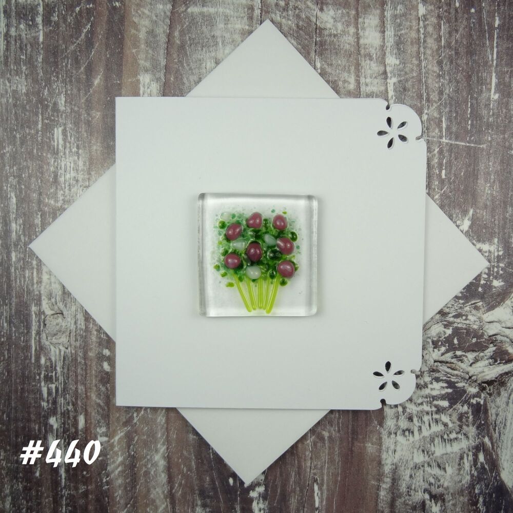 Handmade fused glass art greeting card, any occasion ~ pink & white flowers, floral, bouquet ~ 4x4 inch card, 1.5 inch (+/-) glass (#440)