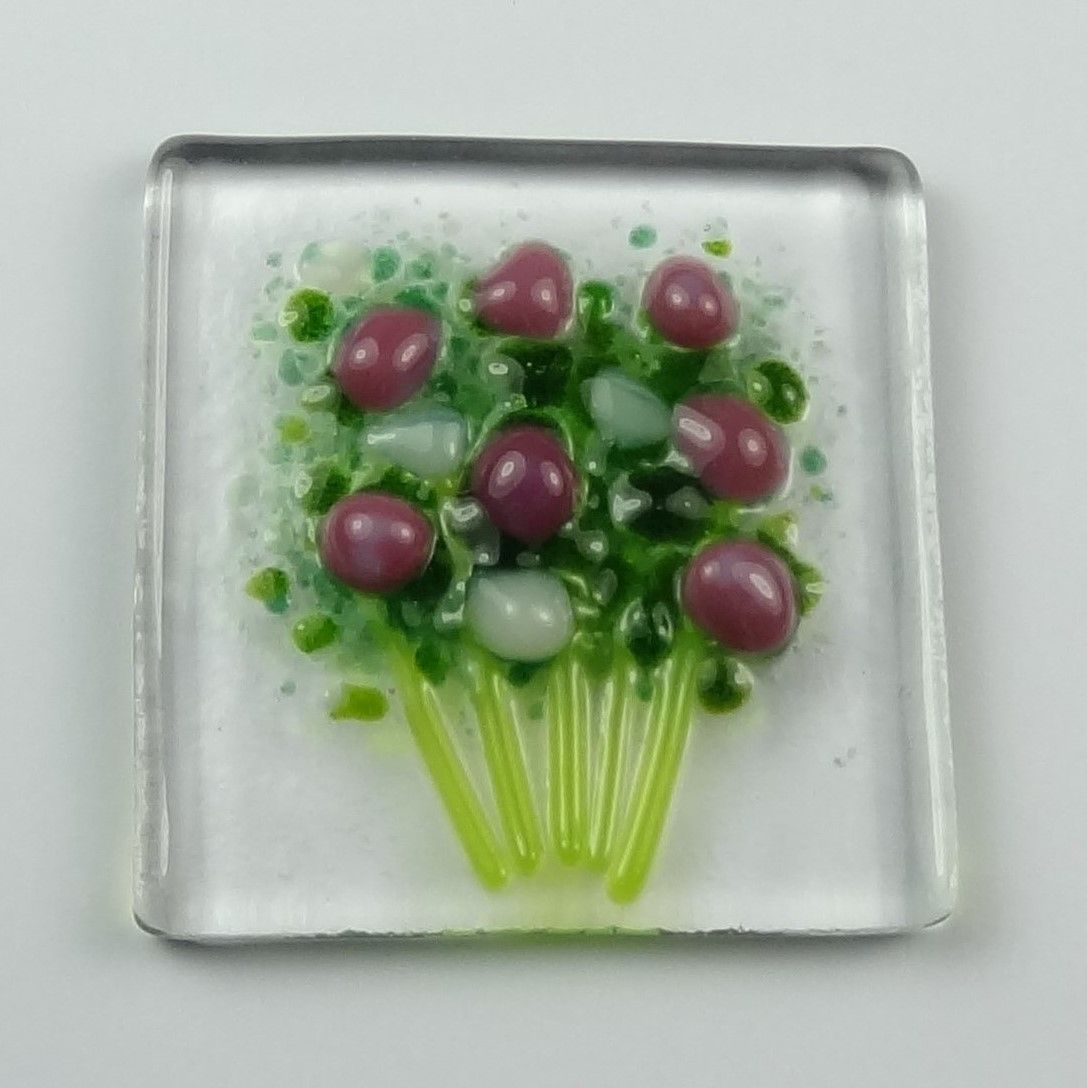 Handmade fused glass art greeting card, any occasion ~ pink & white flowers, floral, bouquet ~ 4x4 inch card, 1.5 inch (+/-) glass (#440)