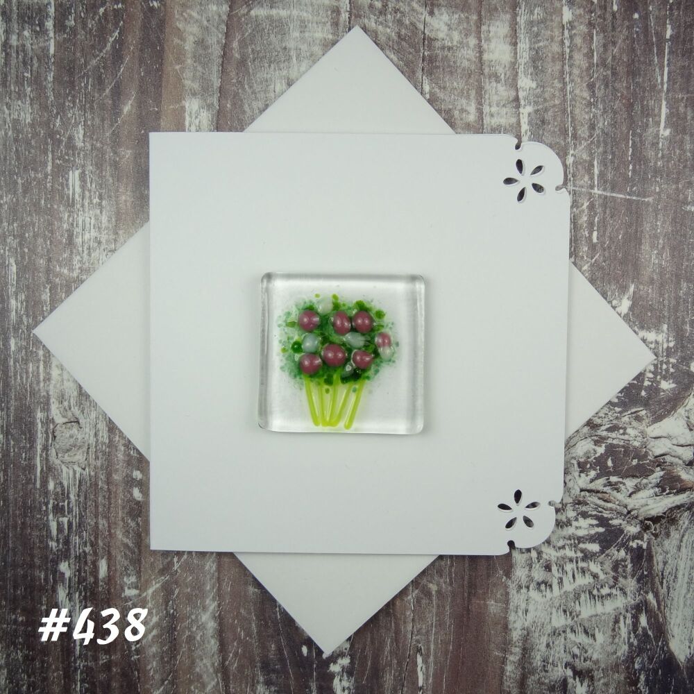 Handmade fused glass art greeting card, any occasion ~ pink & white flowers, floral, bouquet ~ 4x4 inch card, 1.5 inch (+/-) glass (#438)