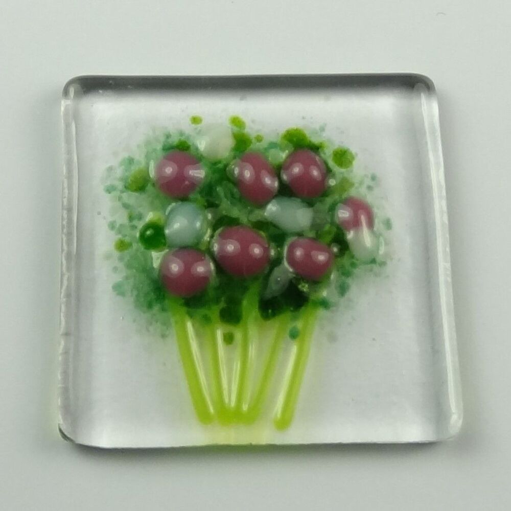 Handmade fused glass art greeting card, any occasion ~ pink & white flowers, floral, bouquet ~ 4x4 inch card, 1.5 inch (+/-) glass (#438)