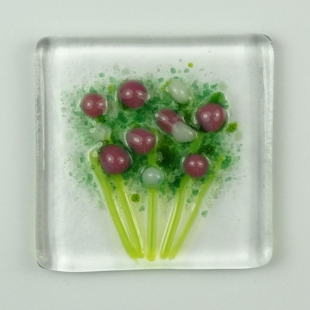 Handmade fused glass art greeting card, any occasion ~ pink & white flowers, floral, bouquet ~ 4x4 inch card, 1.5 inch (+/-) glass (#437)
