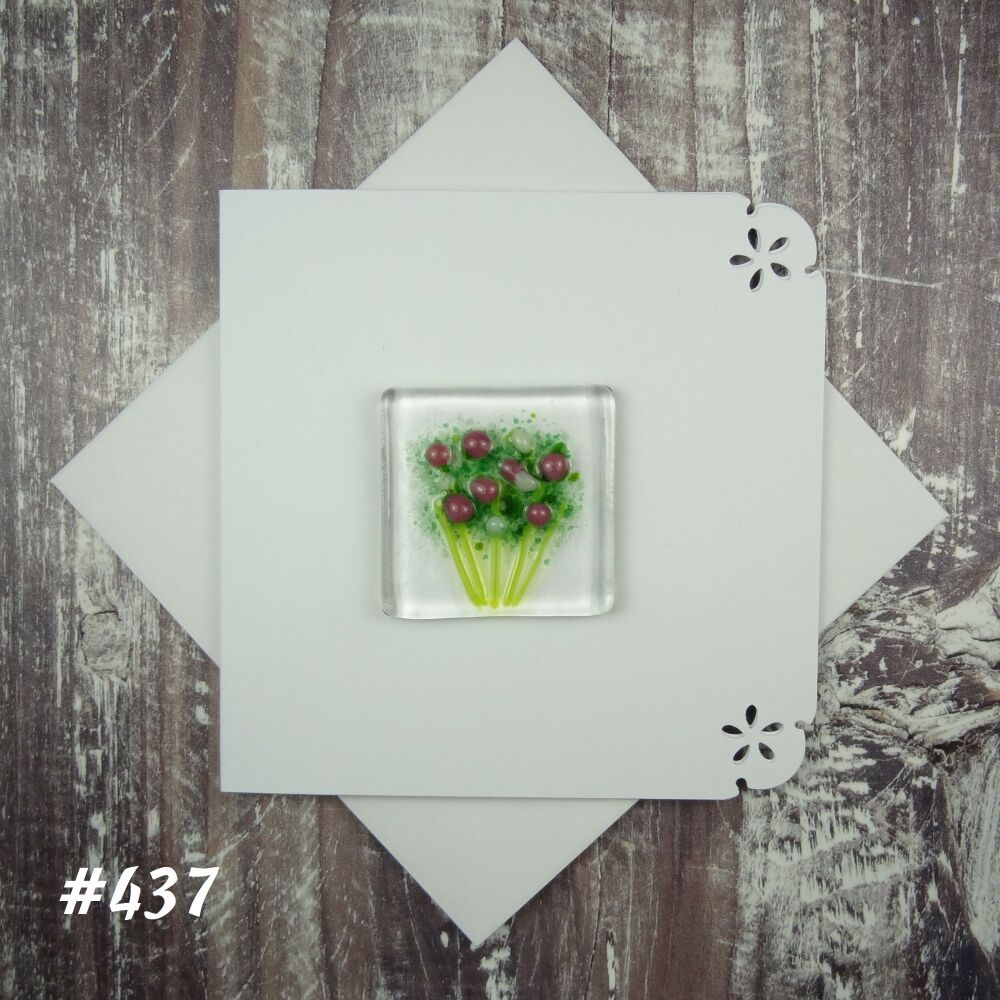 Handmade fused glass art greeting card, any occasion ~ pink & white flowers, floral, bouquet ~ 4x4 inch card, 1.5 inch (+/-) glass (#437)