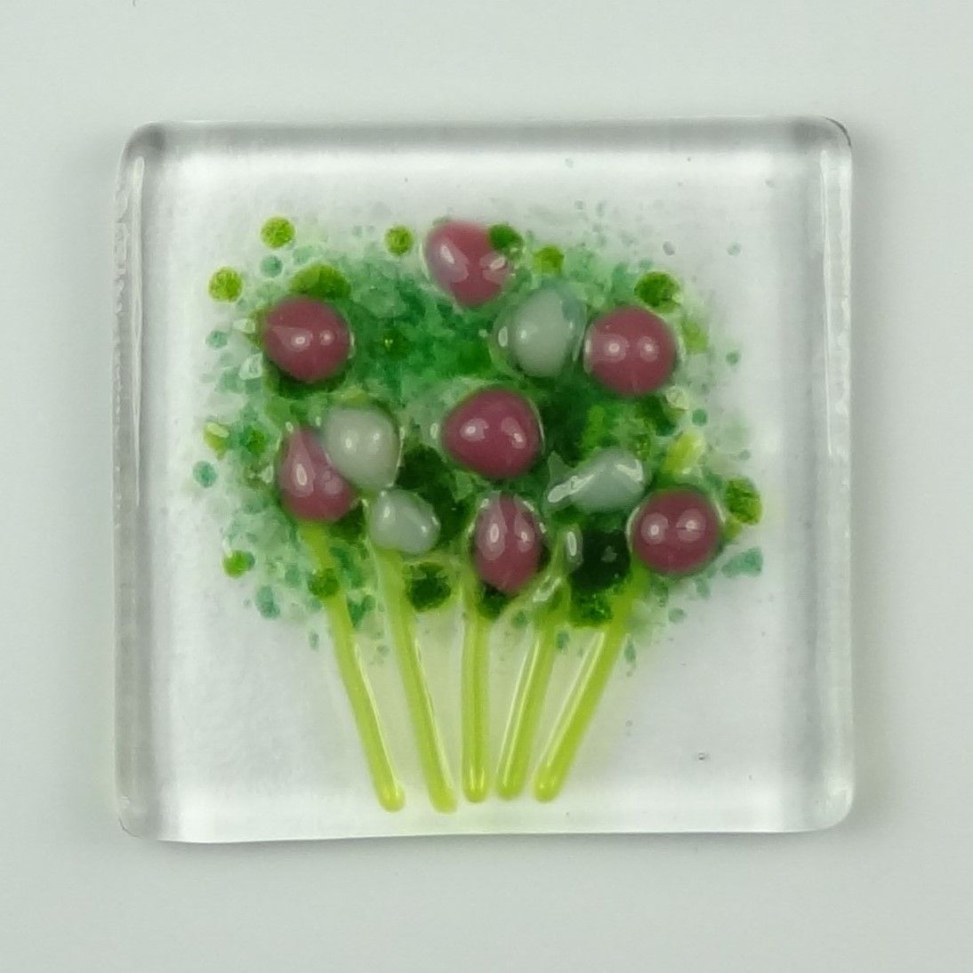 Handmade fused glass art greeting card, any occasion ~ pink & white flowers, floral, bouquet ~ 4x4 inch card, 1.5 inch (+/-) glass (#436)