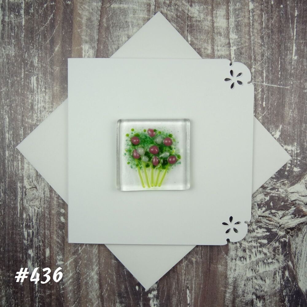Handmade fused glass art greeting card, any occasion ~ pink & white flowers, floral, bouquet ~ 4x4 inch card, 1.5 inch (+/-) glass (#436)