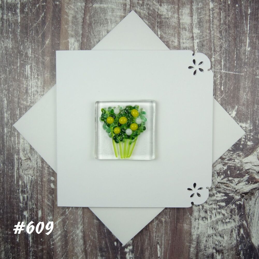 Handmade fused glass art greeting card, any occasion ~ yellow & white flowers, floral, bouquet ~ 4x4 inch card, 1.5 inch (+/-) glass (#609)