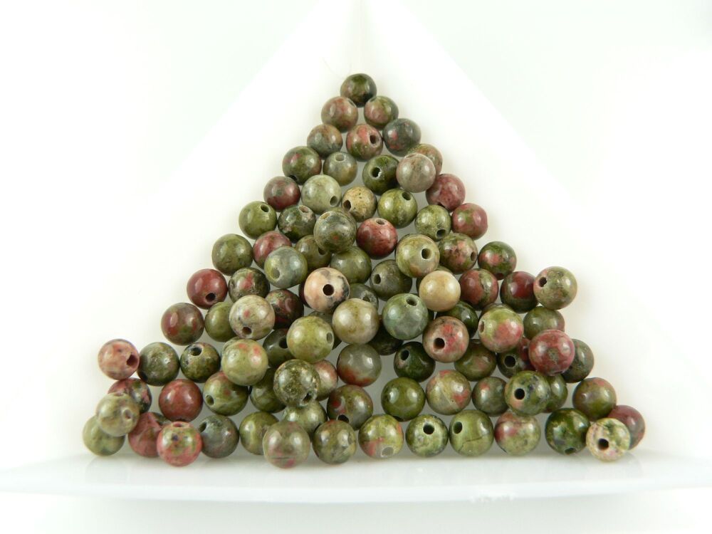 Sterling silver & 4mm (+/-) green and red Unakite semi-precious stone beaded bracelet with lobster clasp, in a gift box