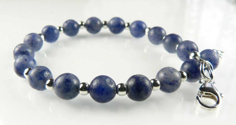 Sterling silver & 6mm (+/-) Blue Aventurine semi-precious stone beaded bracelet with lobster clasp, in a gift box