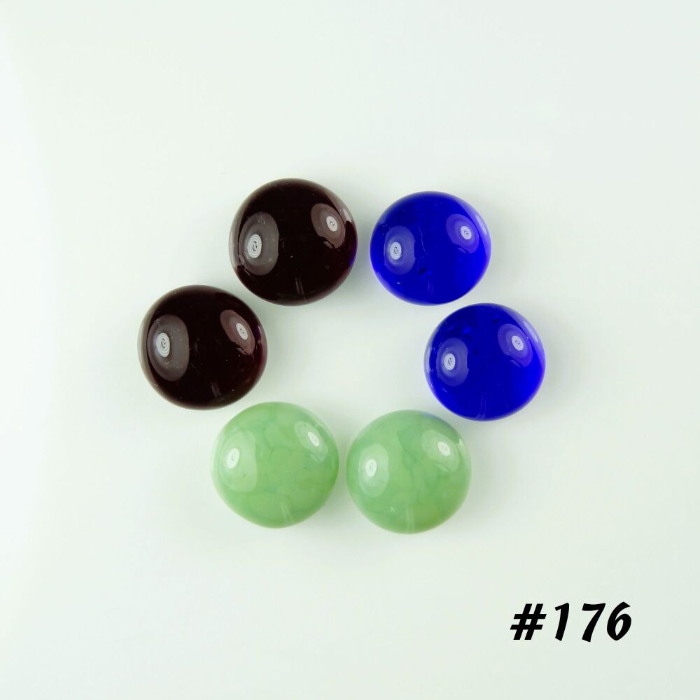 Set of 3 pairs (6 total) handcrafted unique art glass cabochons (1cm) in green red blue, craft supplies for jewellery making crafting (#176)