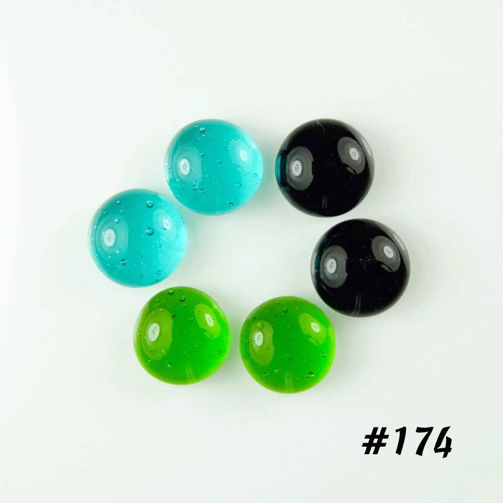 Set of 3 pairs (6 total) handcrafted unique art glass cabochons (1cm) in green turquoise blue, craft supplies for jewellery making crafting (#174)
