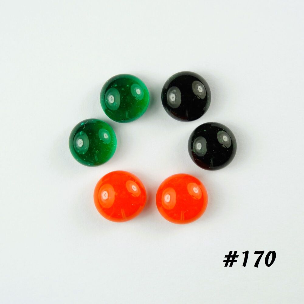 Set of 3 pairs (6 total) handcrafted unique art glass cabochons (1cm) in green orange, craft supplies for jewellery making crafting (#170)