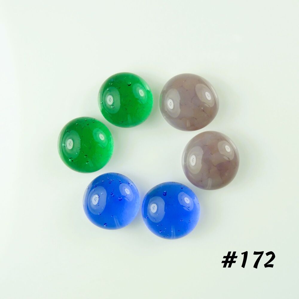 Set of 3 pairs (6 total) handcrafted unique art glass cabochons (1cm) in purple blue green, craft supplies for jewellery making crafting (#172)