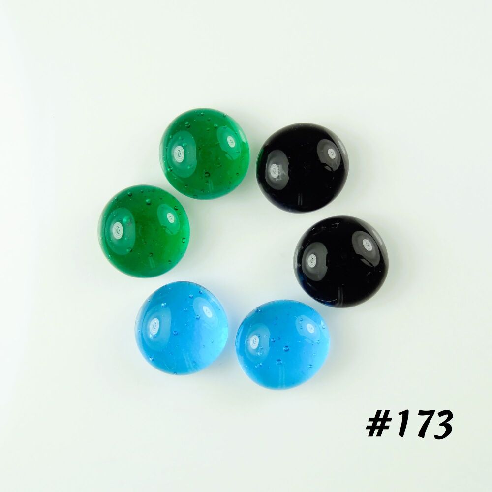 Set of 3 pairs (6 total) handcrafted unique art glass cabochons (1cm) in purple blue green, craft supplies for jewellery making crafting (#173)