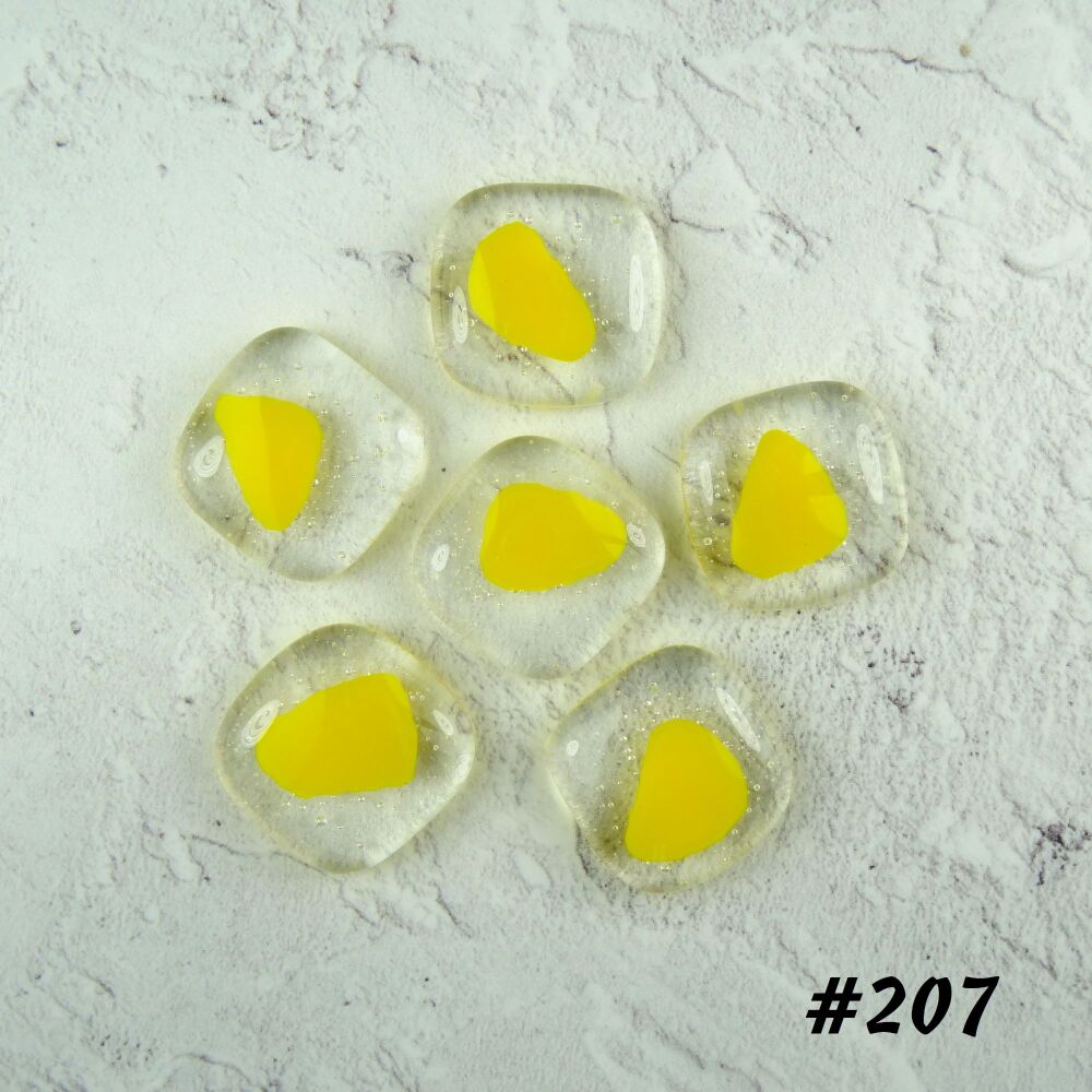6 art glass cabochons, jewellery making, wire wrapping, arts, crafts, mosaics, craft supplies, each 2cm (+/-), yellow spotted (#207)