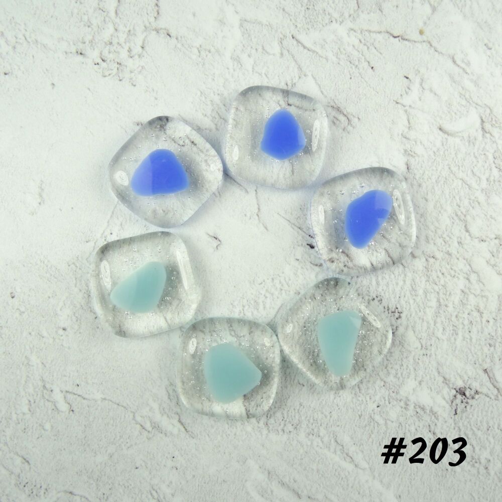 (#203) 6 art glass cabochons, jewellery making, wire wrapping, arts, crafts, mosaics, craft supplies, each 2cm (+/-), blue spotted
