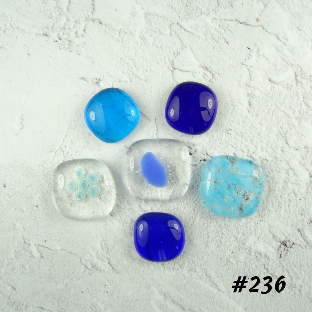 (#236) 6 art glass cabochons, jewellery making, wire wrapping, arts, crafts, mosaics, craft supplies, each 1.7-2.2cm (+/-), blue mixed