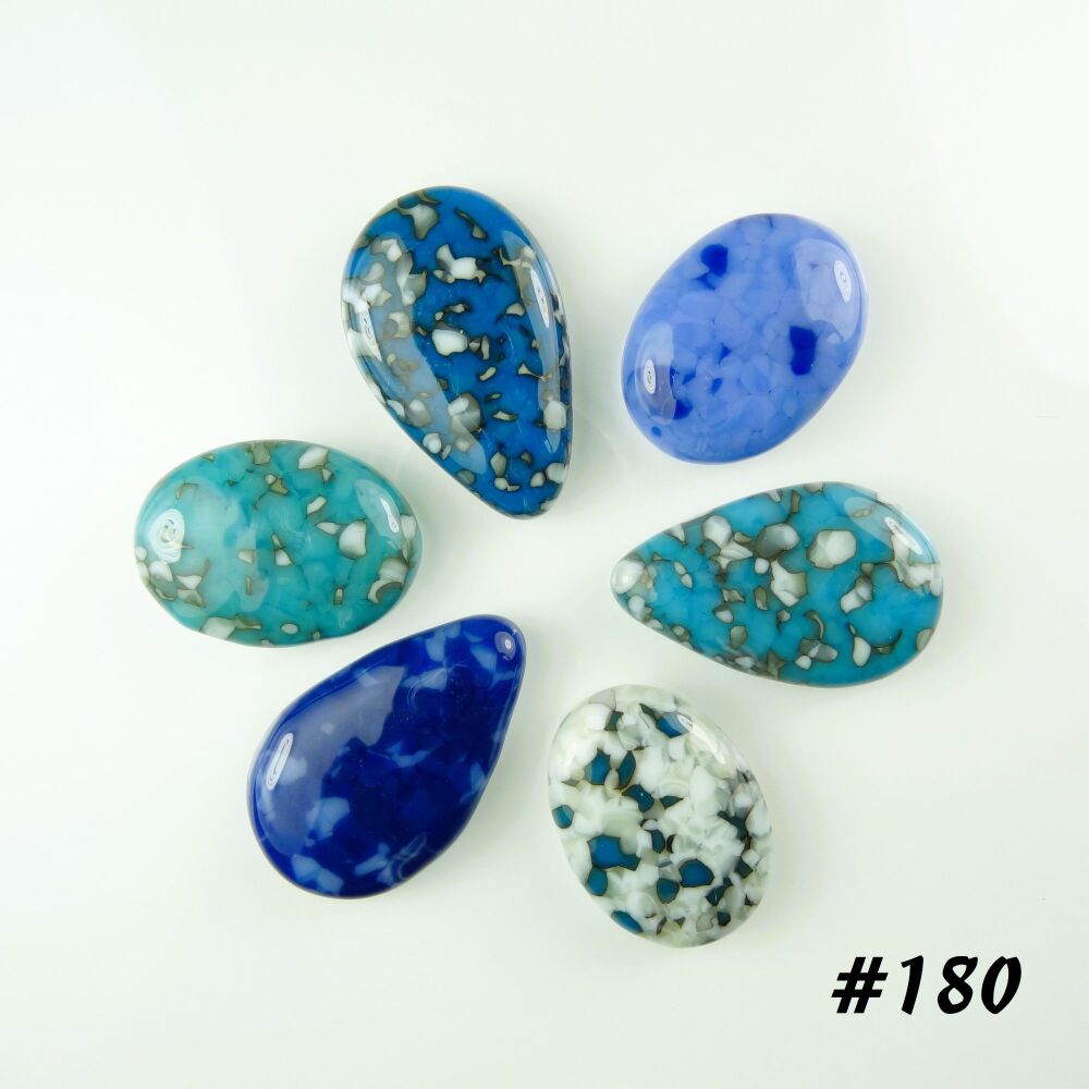 (#180) 6 art glass cabochons, jewellery making wire wrapping arts crafts mosaics craft supplies blue turquoise cream - teardrop & oval