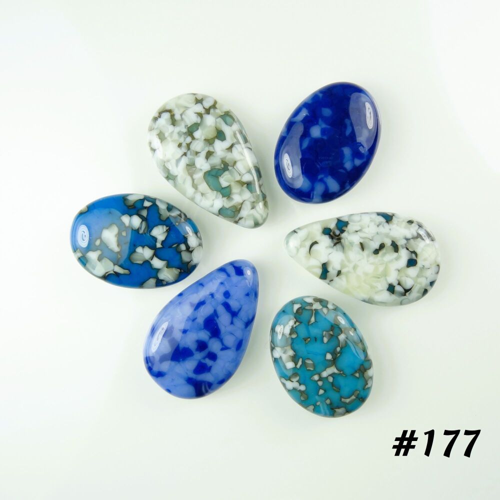 (#177) 6 art glass cabochons, jewellery making wire wrapping arts crafts mosaics craft supplies blue turquoise cream - teardrop & oval
