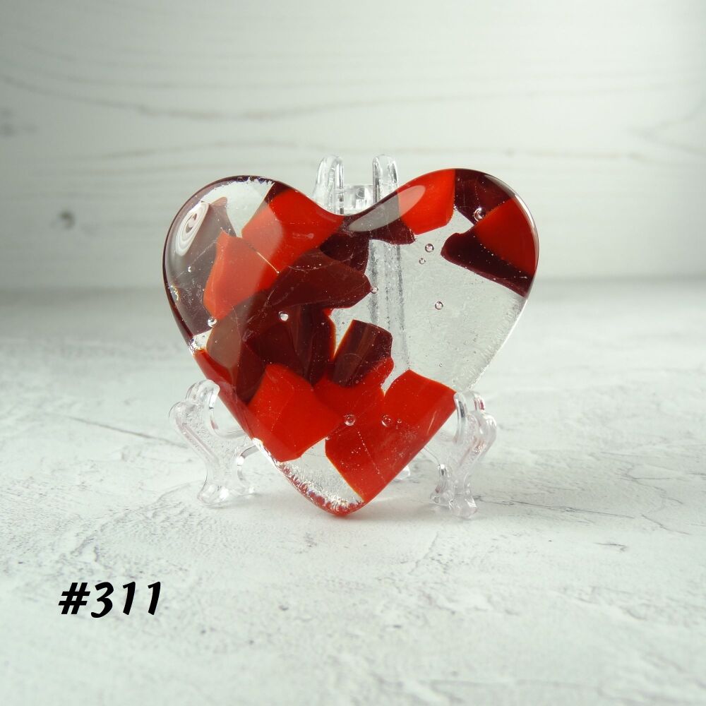 Handcrafted red fused glass heart with a stand - 5 cm (+/-) heart (#311)