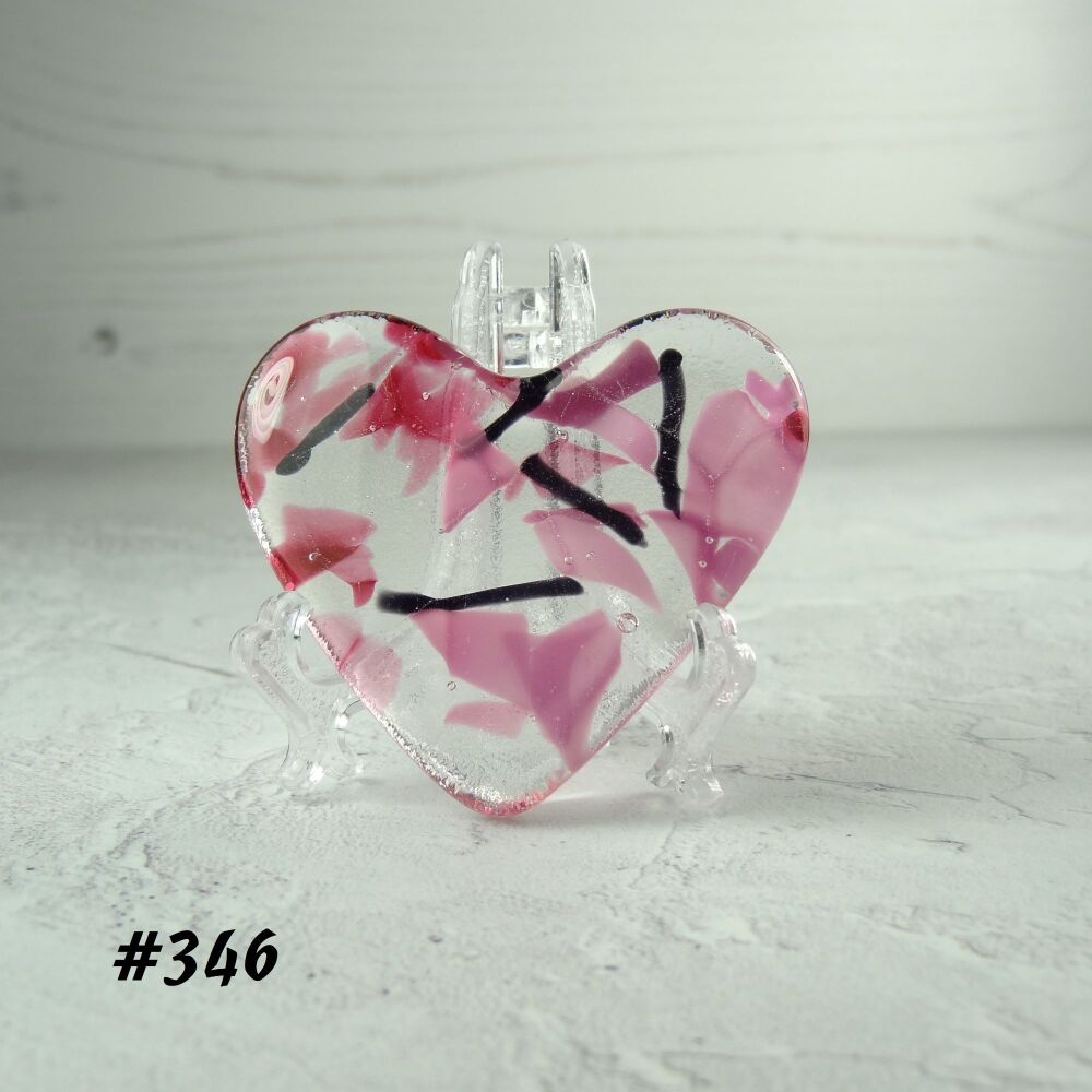 Handcrafted pink & black fused glass heart with a stand - 5 cm (+/-) heart (#346)