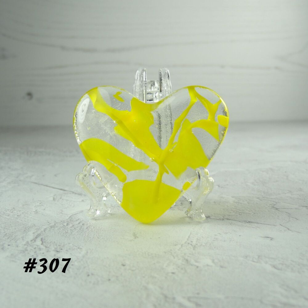 Handcrafted yellow fused glass heart with a stand - 5 cm (+/-) heart (#307)