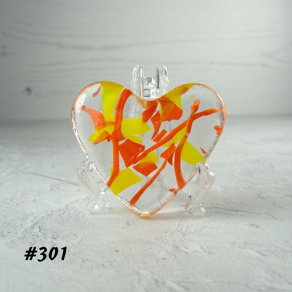 Handcrafted orange & yellow fused glass heart with a stand - 5 cm (+/-) heart (#301)