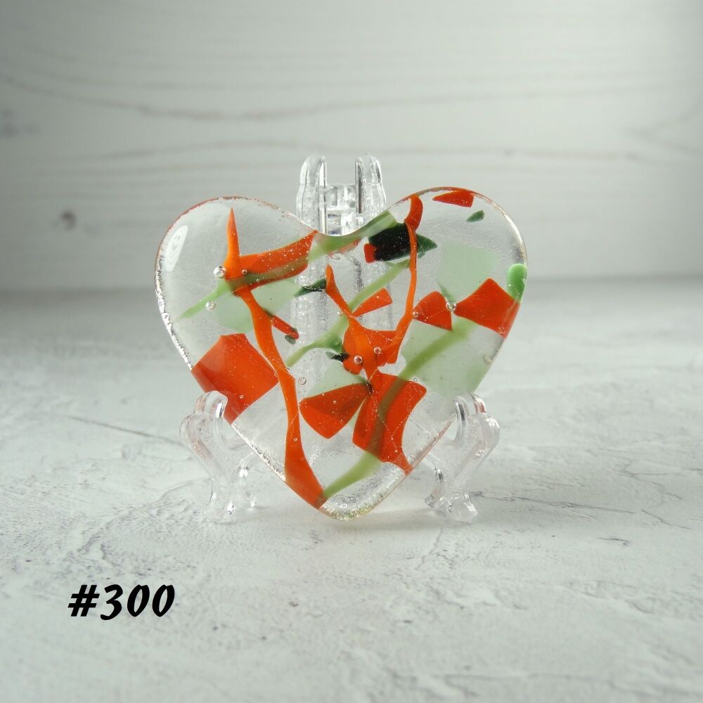 Handcrafted orange & green fused glass heart with a stand - 5 cm (+/-) heart (#300)
