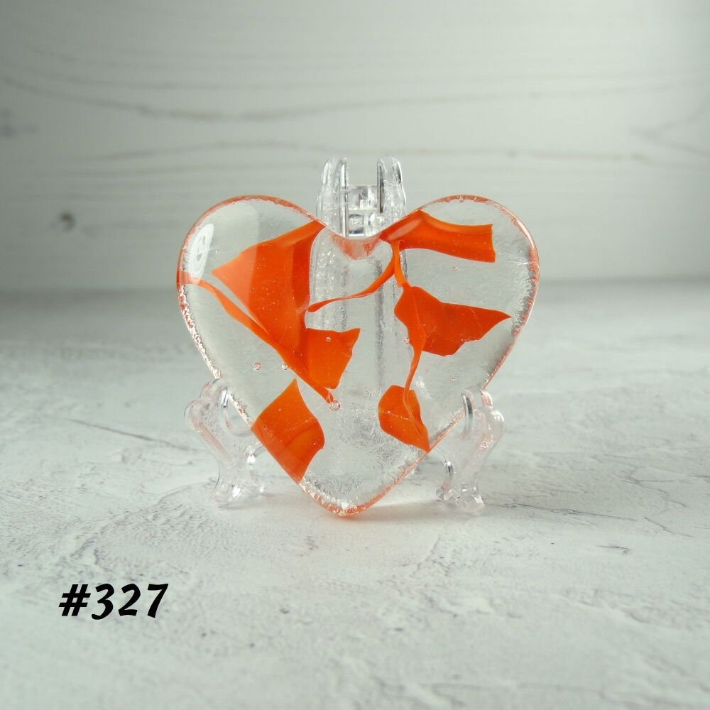 Handcrafted orange fused glass heart with a stand - 5 cm (+/-) heart (#327)