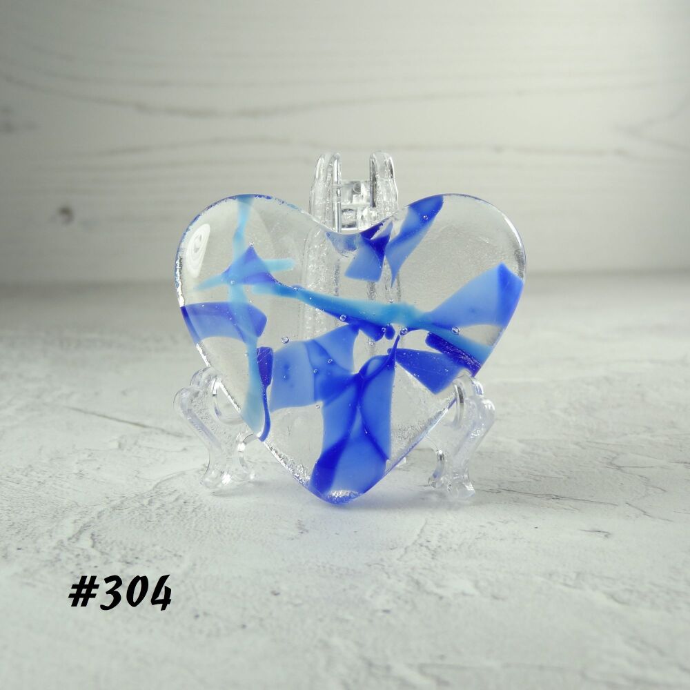 Handcrafted blue fused glass heart with a stand - 5 cm (+/-) heart (#304)