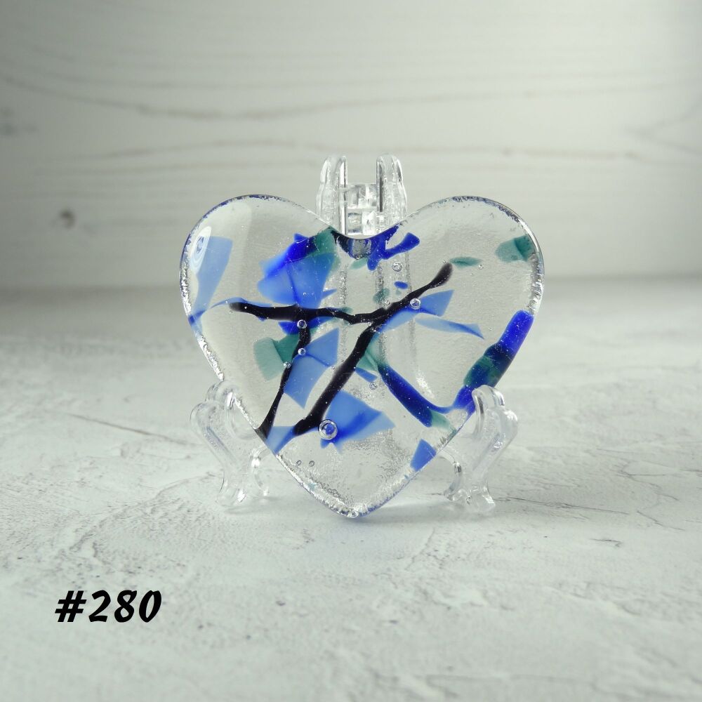 Handcrafted blue & black fused glass heart with a stand - 5 cm (+/-) heart (#280)