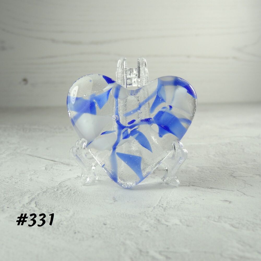 Handcrafted blue & white fused glass heart with a stand - 5 cm (+/-) heart (#331)