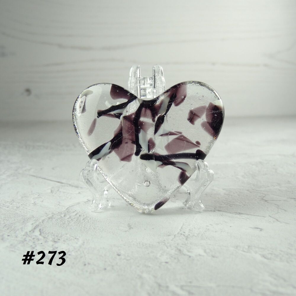 Handcrafted purple & white fused glass heart with a stand - 5 cm (+/-) heart (#273)
