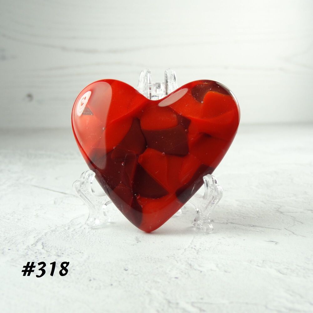 Handcrafted red fused glass heart with a stand - 5 cm (+/-) heart (#318)