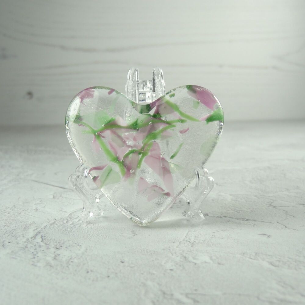 Handcrafted pink & green fused glass heart with a stand - 5 cm (+/-) heart 