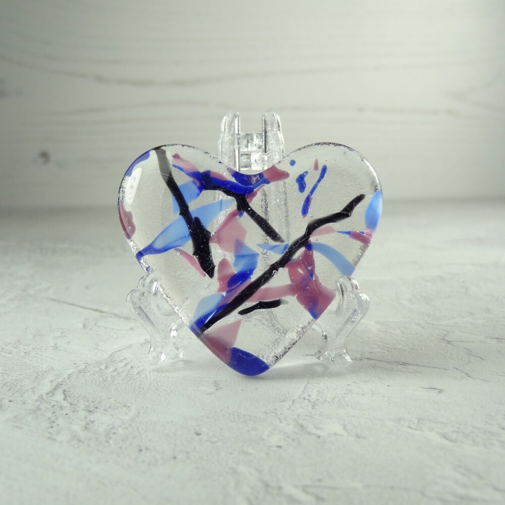 Handcrafted blue pink & black fused glass heart with a stand - 5 cm (+/-) heart (#303)